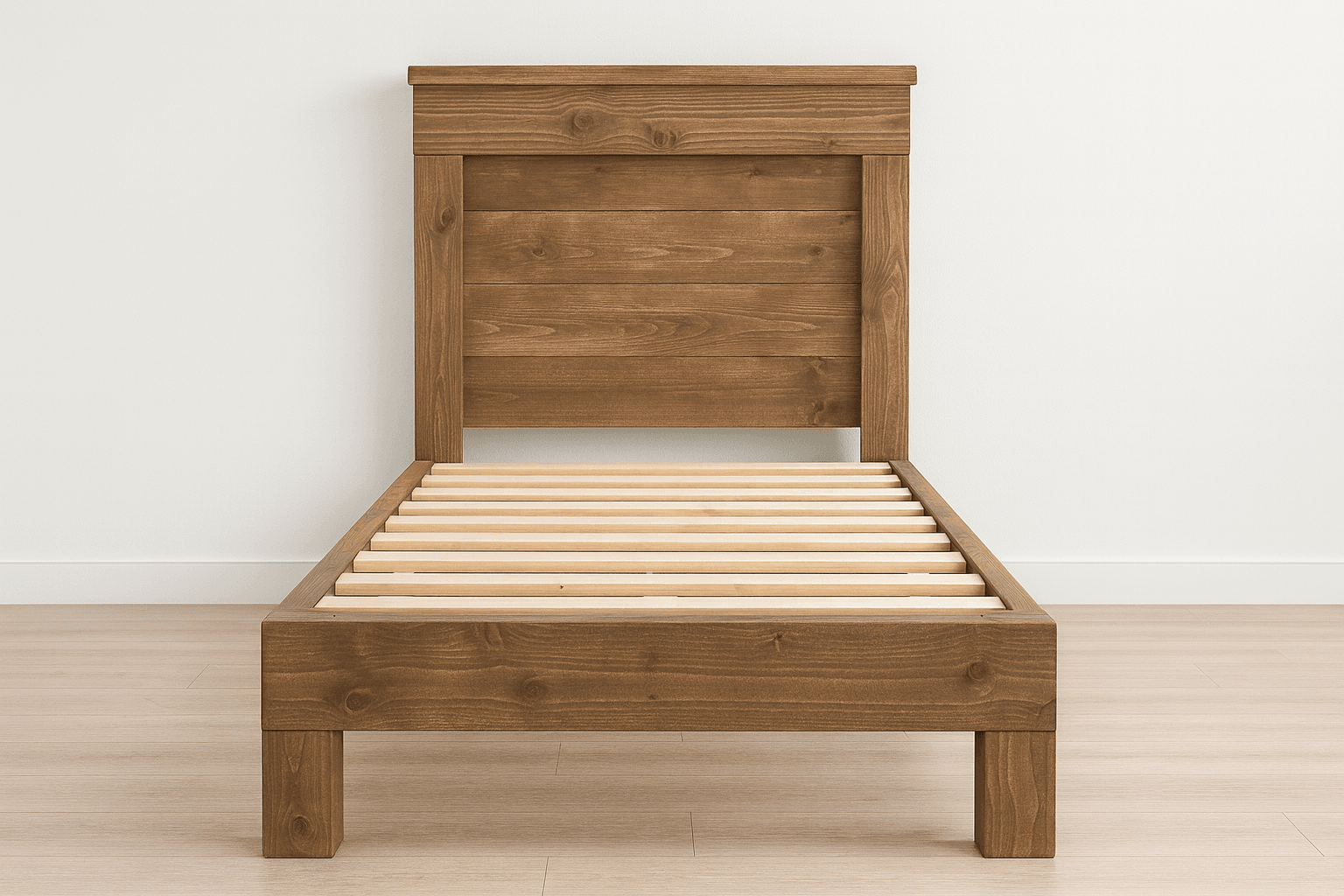 Wood bed frame with plank-paneled headboard built from construction lumber