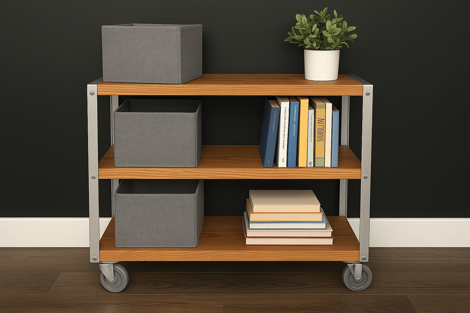Rolling shelf cart with wood shelves and aluminum angle legs