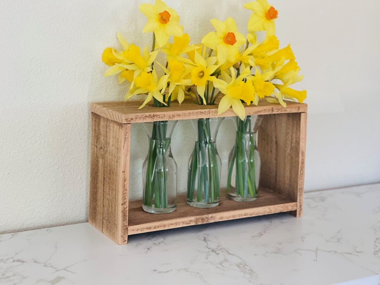 Reclaimed wood floral centerpiece caddy with mason jars