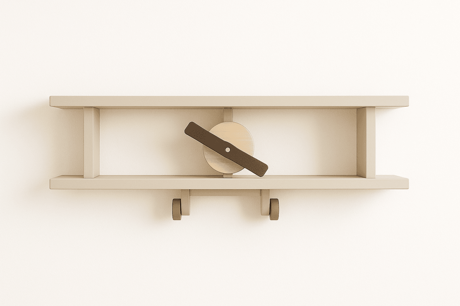 A wall-mounted shelf shaped like a biplane with a spinning propeller and wheeled landing gear