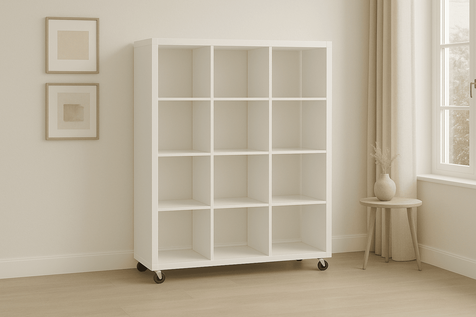 Tall two-sided rolling cubby shelf used as a room divider