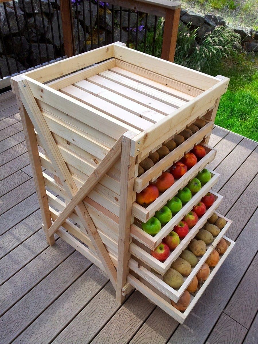 Kitchen vegetable rack with three slide-out slatted trays