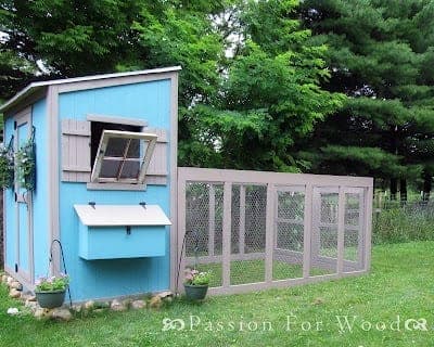 Framed chicken run with chicken-wire walls attached to a shed coop