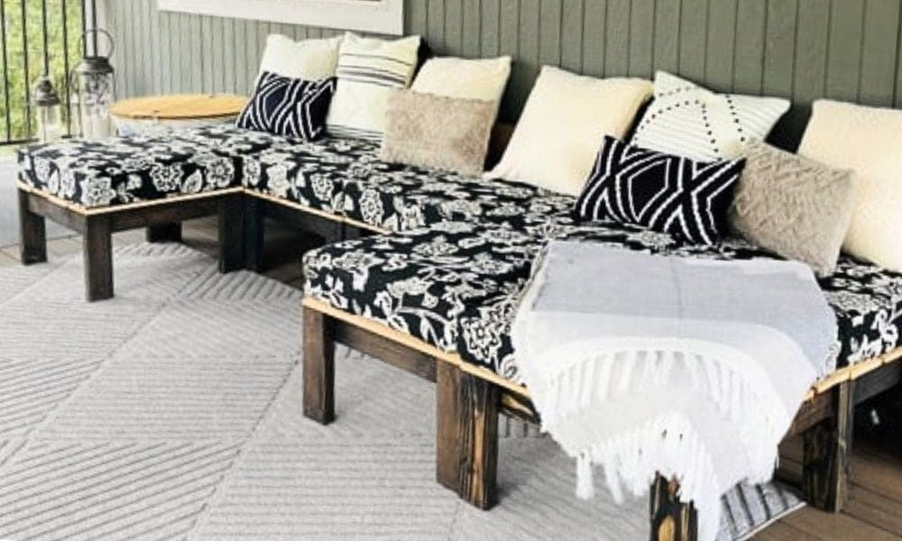 Modular outdoor chair and ottoman set built from 2x4 frames with cedar picket decking