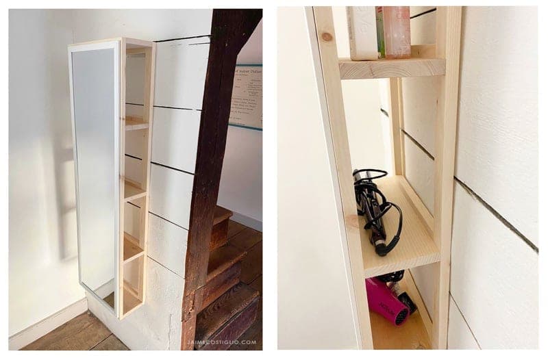 Wall mirror that opens to reveal hidden shelves of makeup storage behind it
