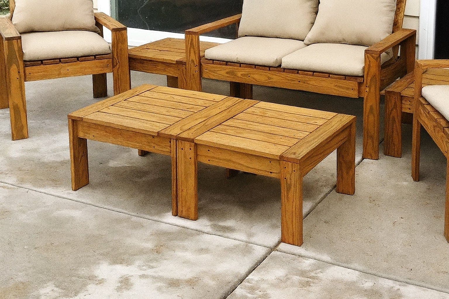 A chunky 2x4 outdoor ottoman that doubles as an accent table for a sectional