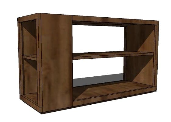 Modern bookcase with a closed end, small secondary shelf, and floating base