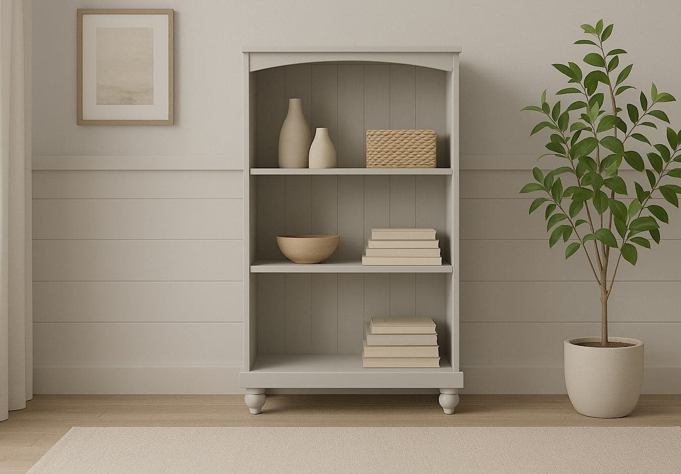 Small bookcase with a header trim and bun feet