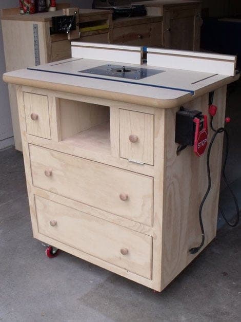 Rolling router table cabinet with drawers and bit storage