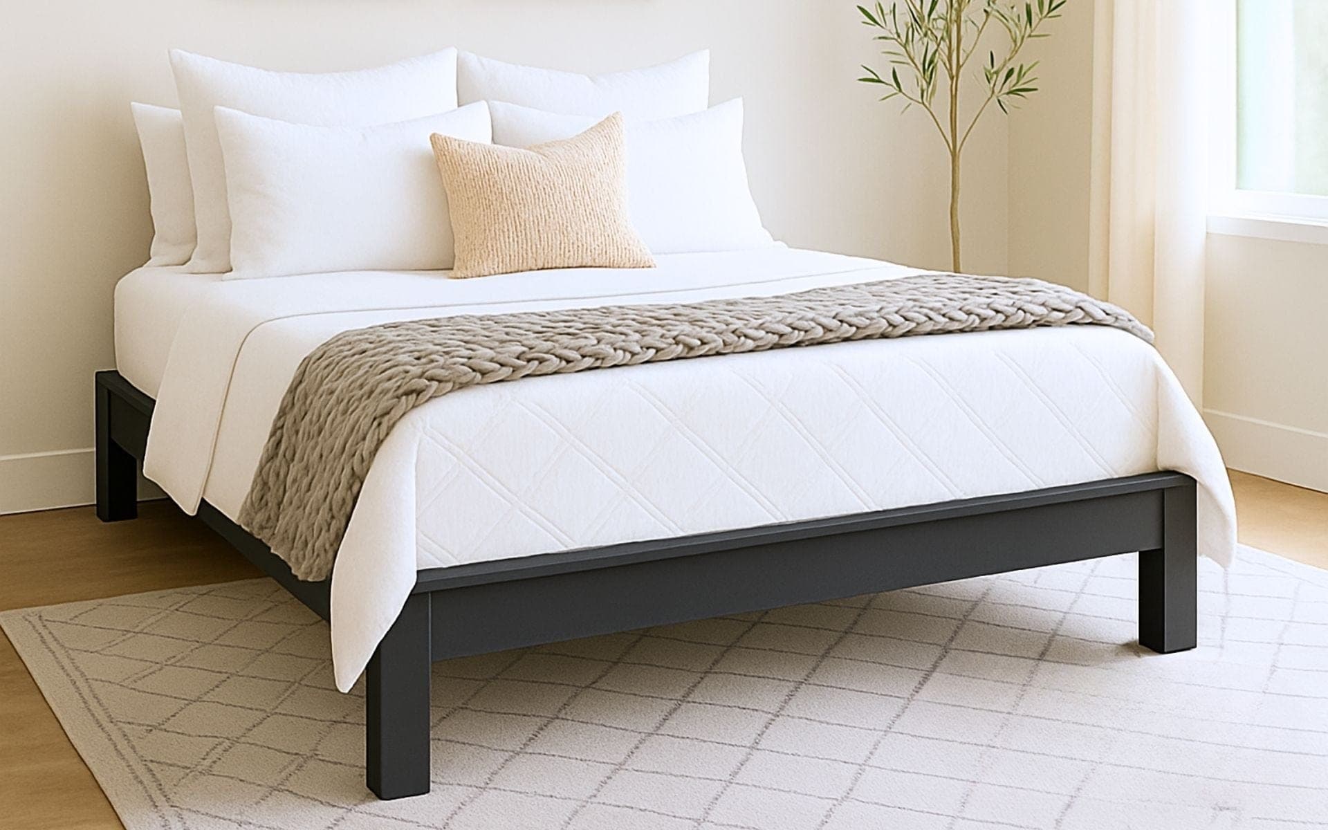 Simple bed frame with 4x4 legs, inset rails, and top trim reveal