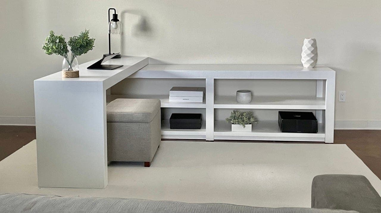L-shaped desk paired with a matching bookshelf at a shared corner