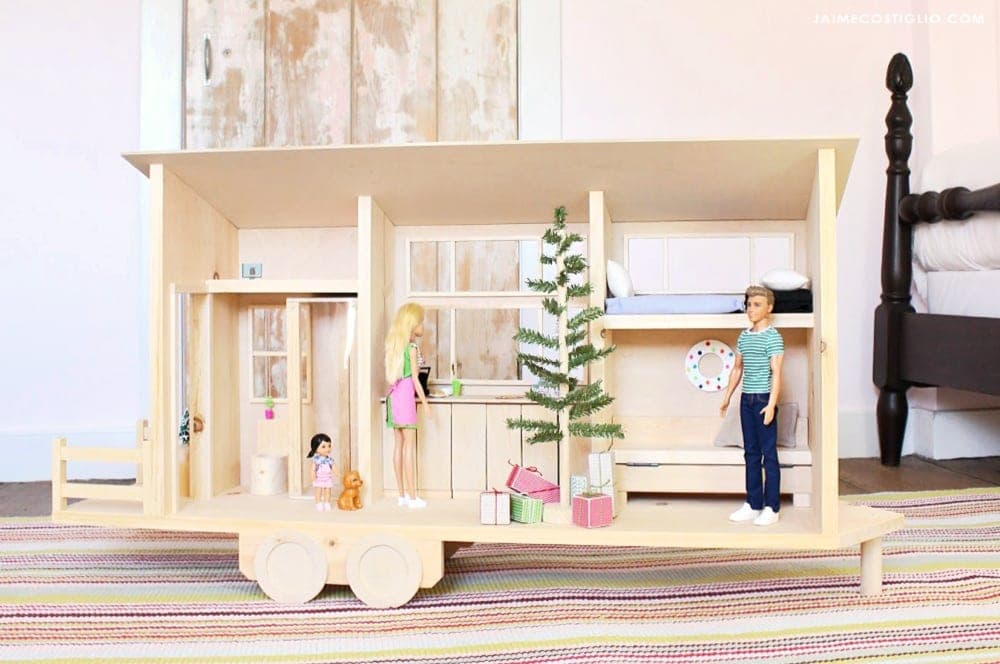 Rolling wooden tiny-house dollhouse scaled for 12-inch fashion dolls