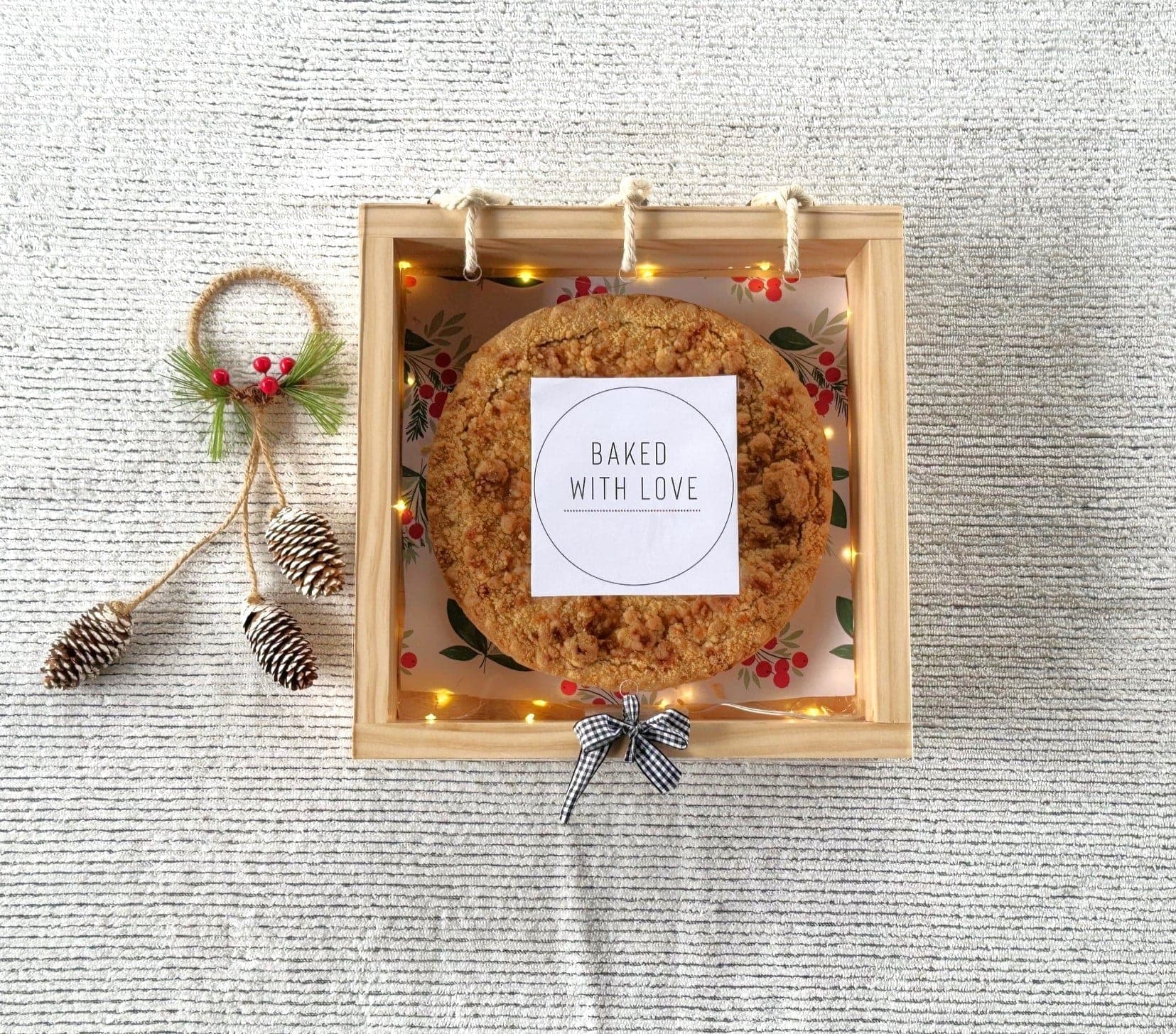 Simple wooden pie box with a twine-hinged lid