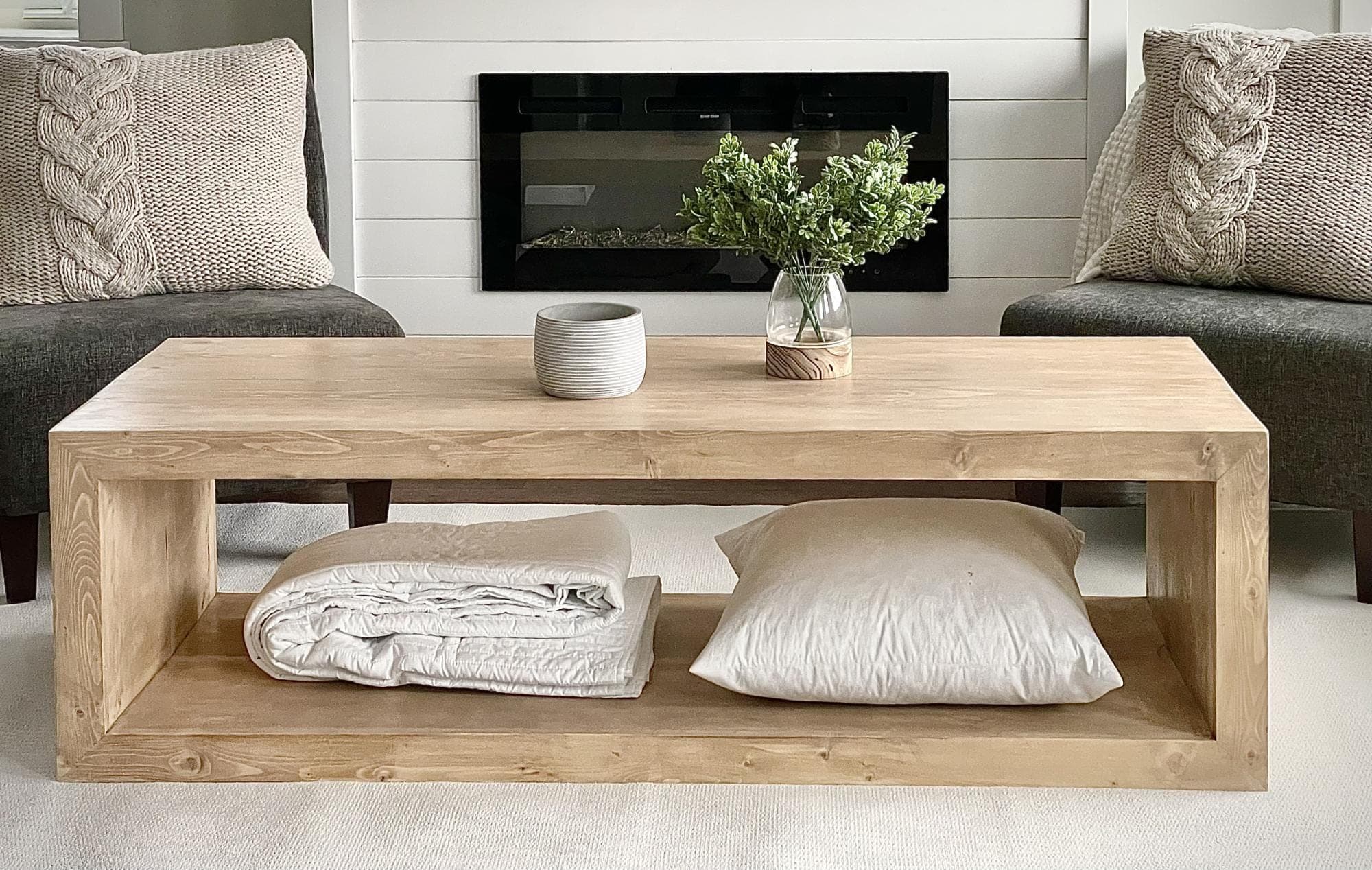 Rectangular waterfall-mitered coffee table with continuous grain wrapping the top and sides