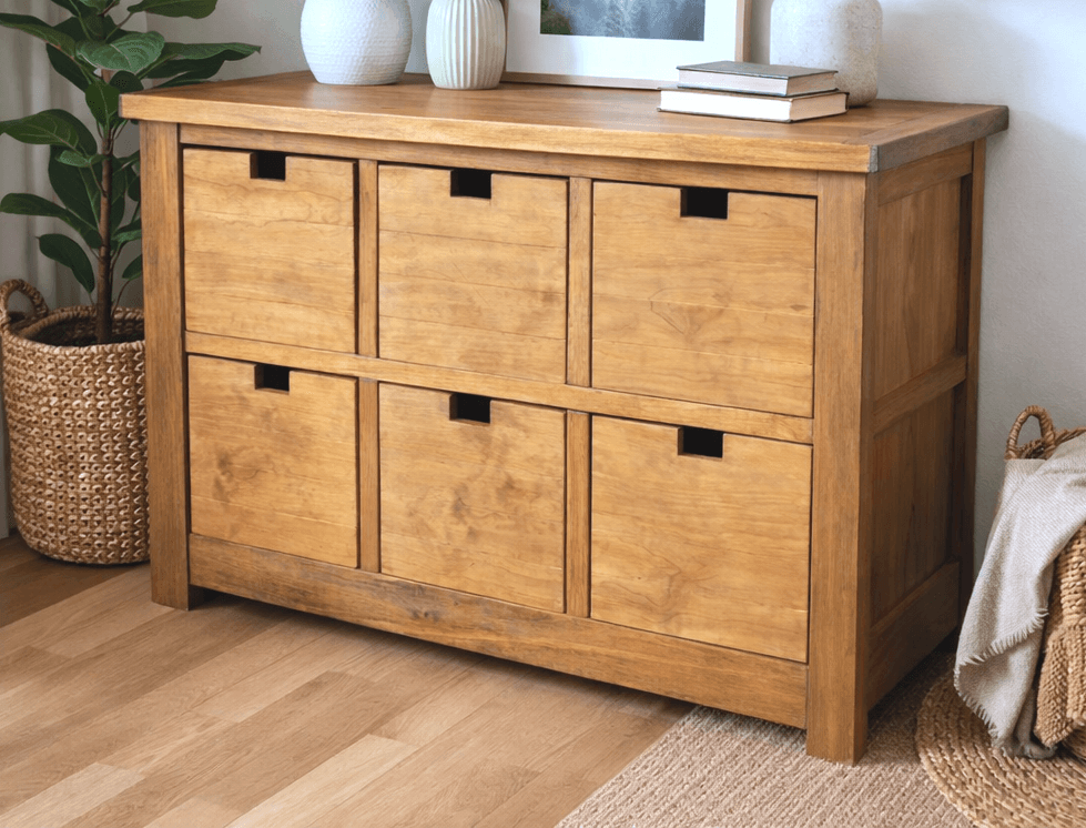 Six-drawer cubby dresser with no drawer slide hardware