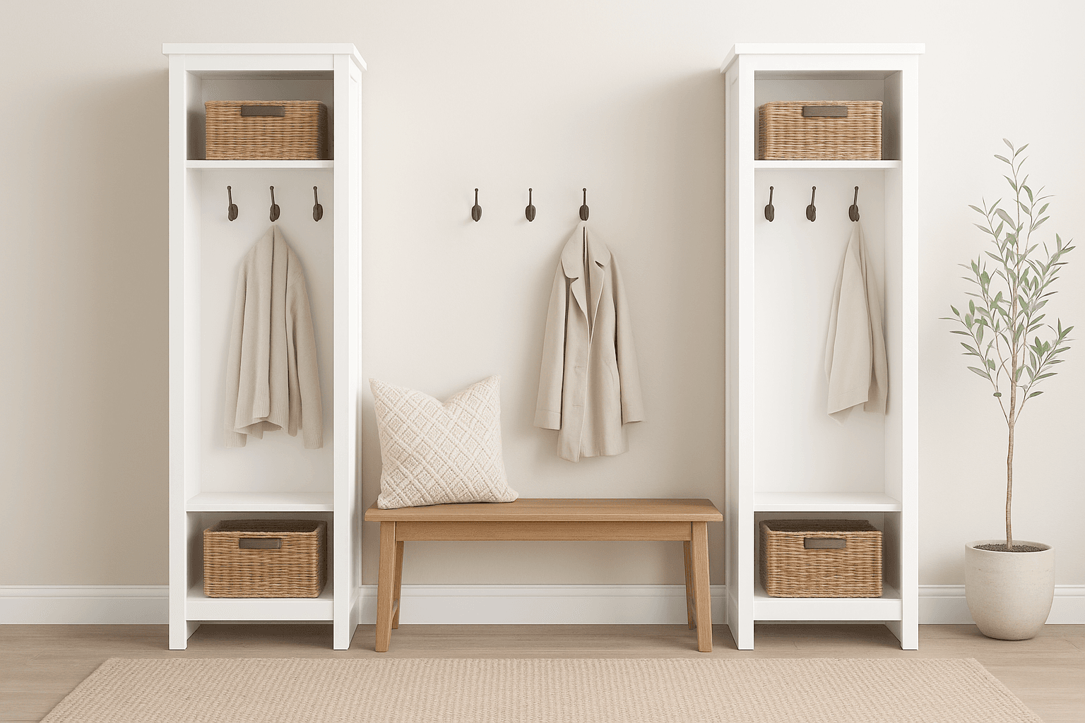 Tall narrow single locker cabinet with hooks and a face frame