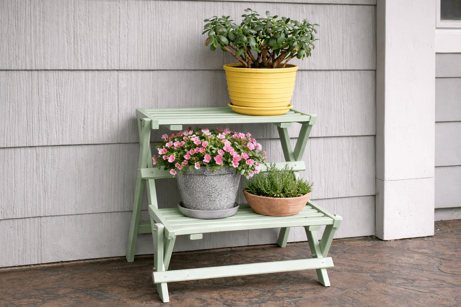 A three-shelf wooden plant stand with bolted, folding pivot joints