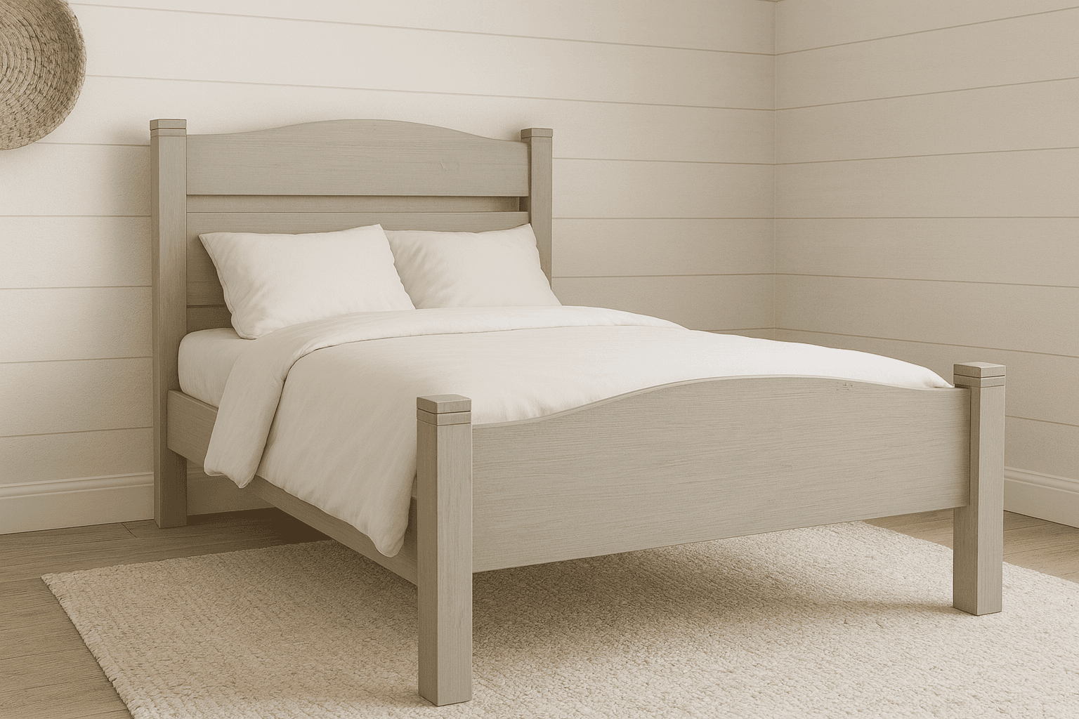 A simple twin bed with a gently curved headboard and matching footboard