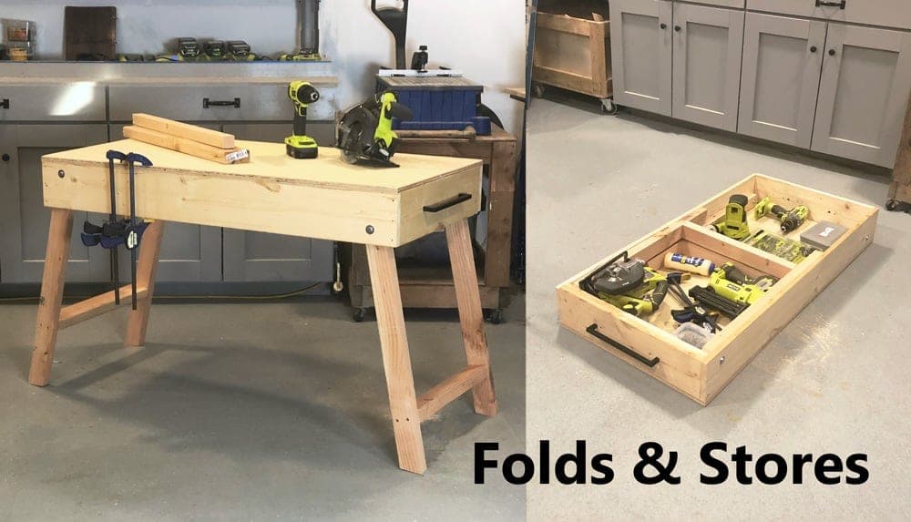 Portable workbench storage box with folding pivoting legs