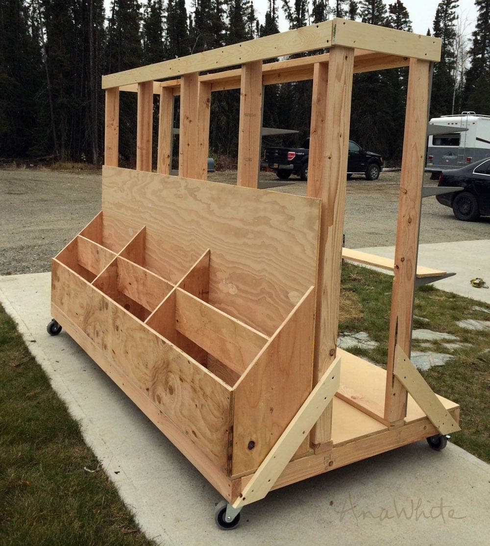 Rolling lumber and plywood storage cart with scrap wood bins