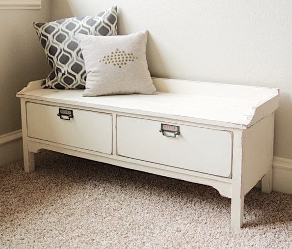 Vintage-style entry bench with two drawers under a planked seat