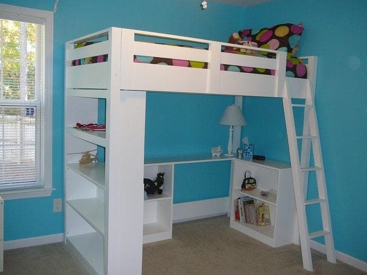 Loft bed with ladder and guardrail