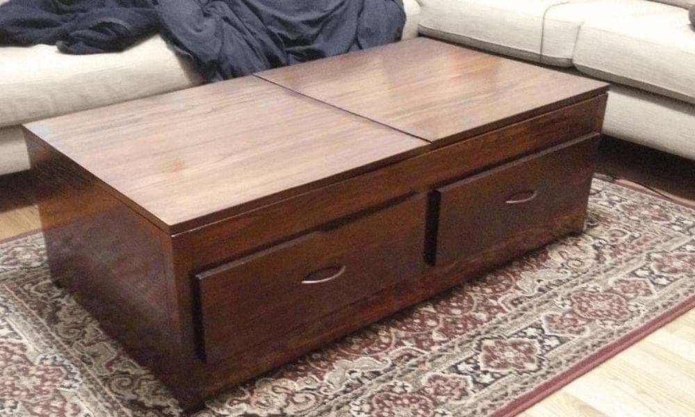 Oak lift-top coffee table with four drawers
