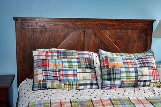 Queen-size plank-panel headboard with angled cross supports on the back