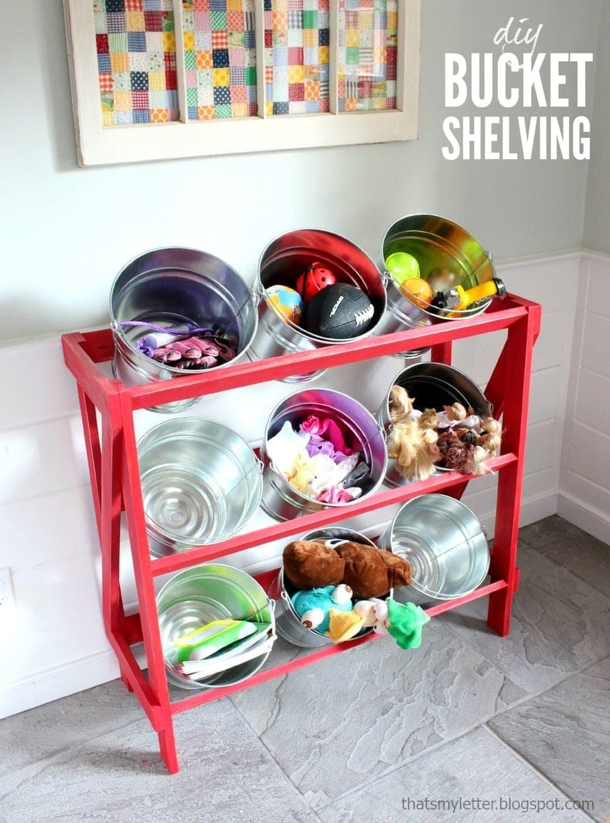 Angled A-frame stand displaying a row of buckets