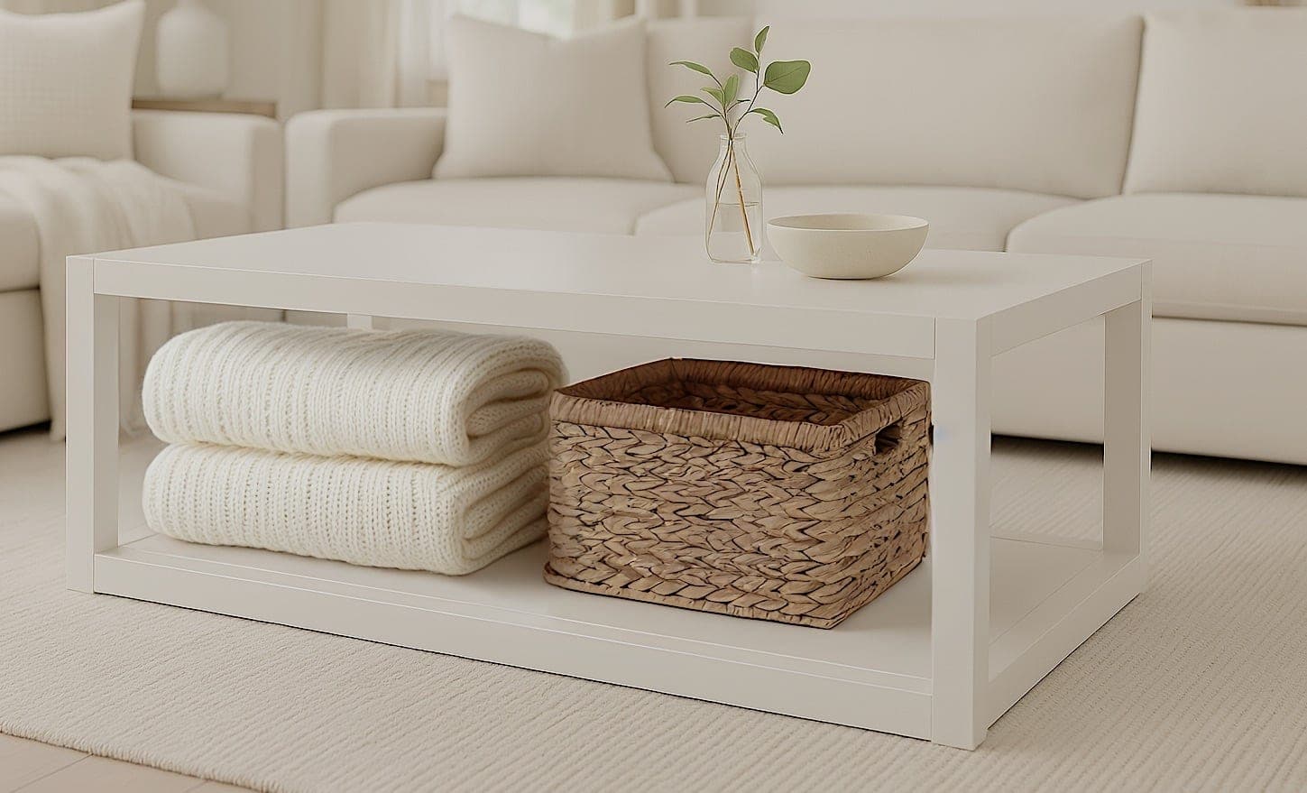 A rectangular flat-panel Parsons-style coffee table with a shelf below the top