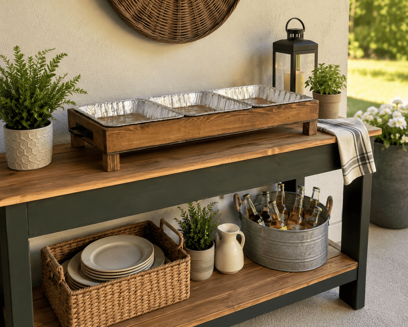 Wooden buffet stand holding three aluminum serving trays in a row