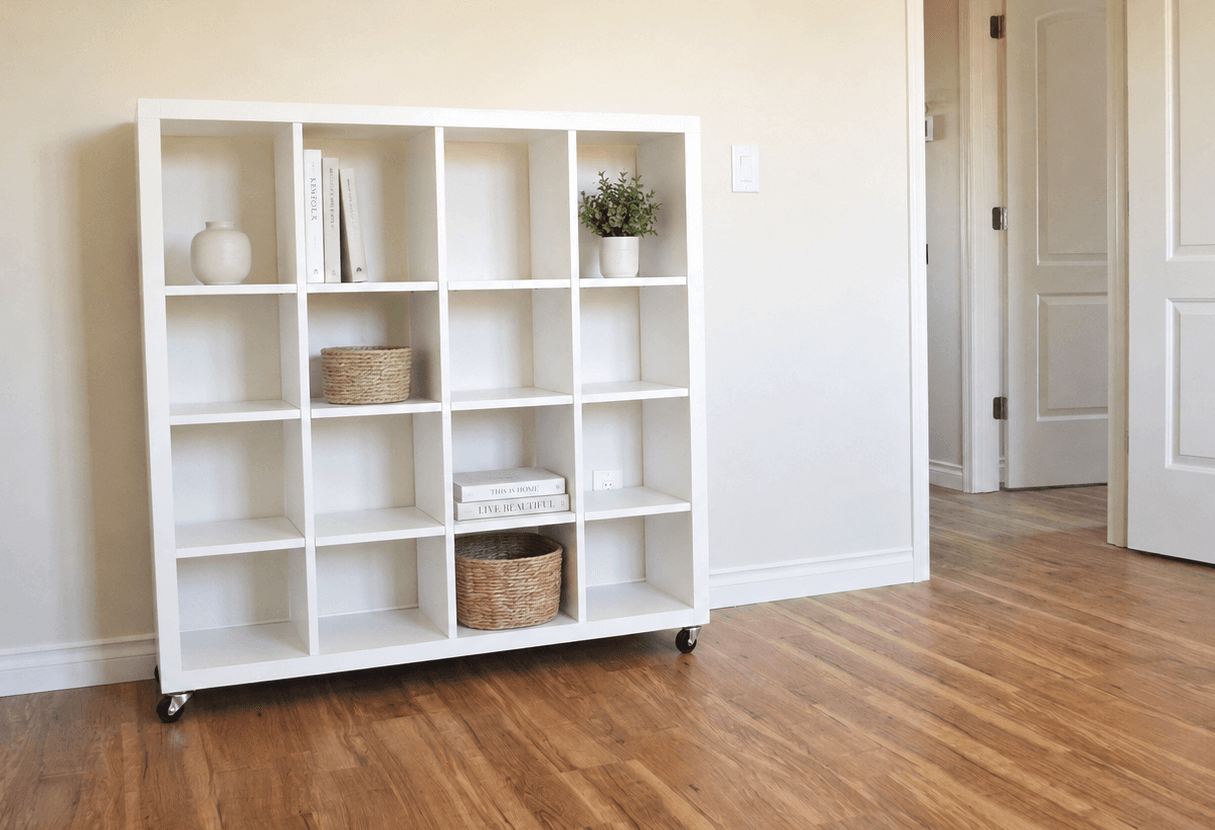 A four-cube rolling bookshelf with a face frame and adjustable shelves