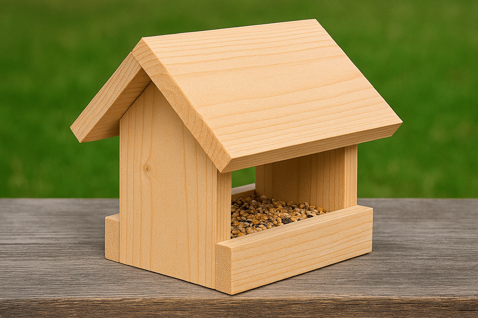 Small gabled cedar bird feeder with open seed platform and side perch rails