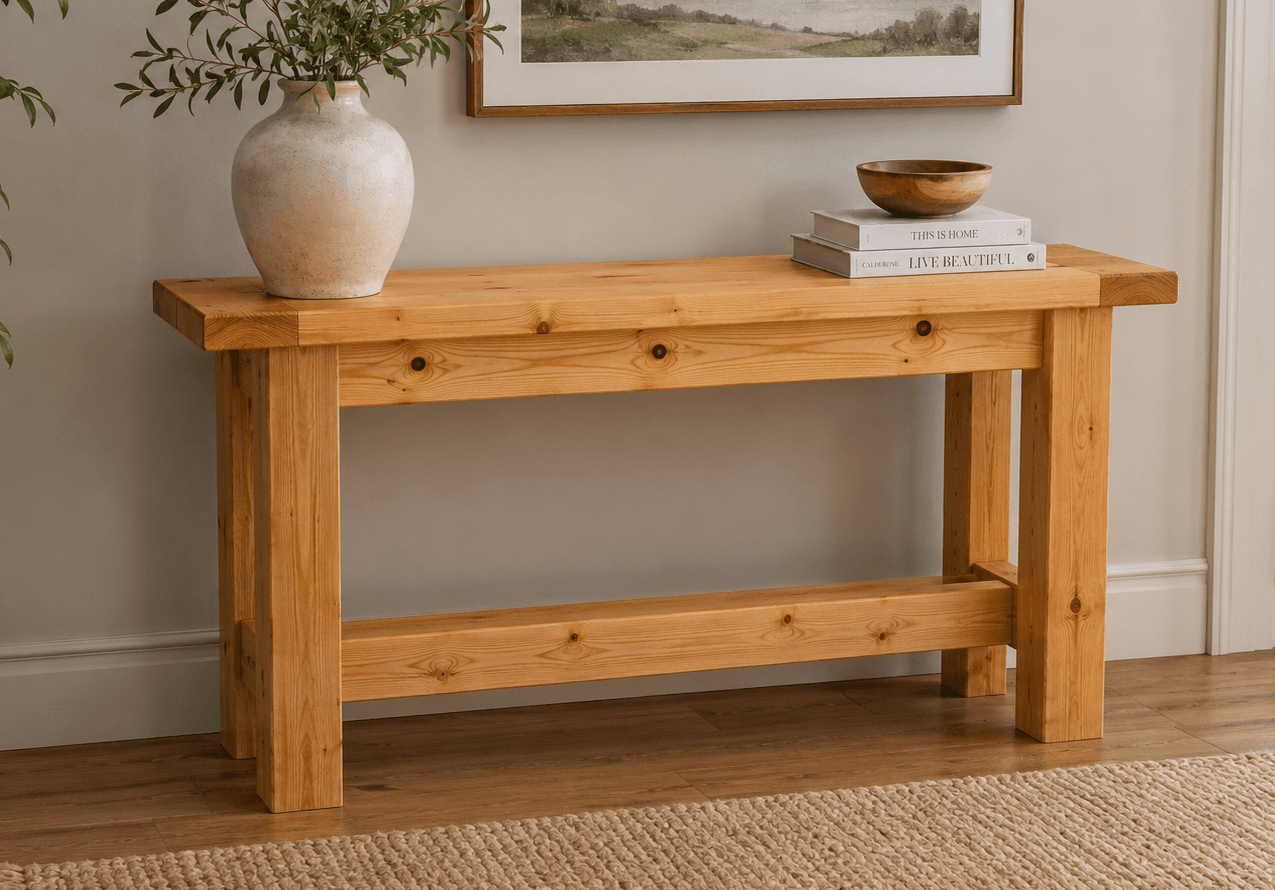 A long entryway console table with 4x4 legs and a breadboard-ended top