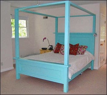Farmhouse bed with a bolt-on wood canopy frame added above it