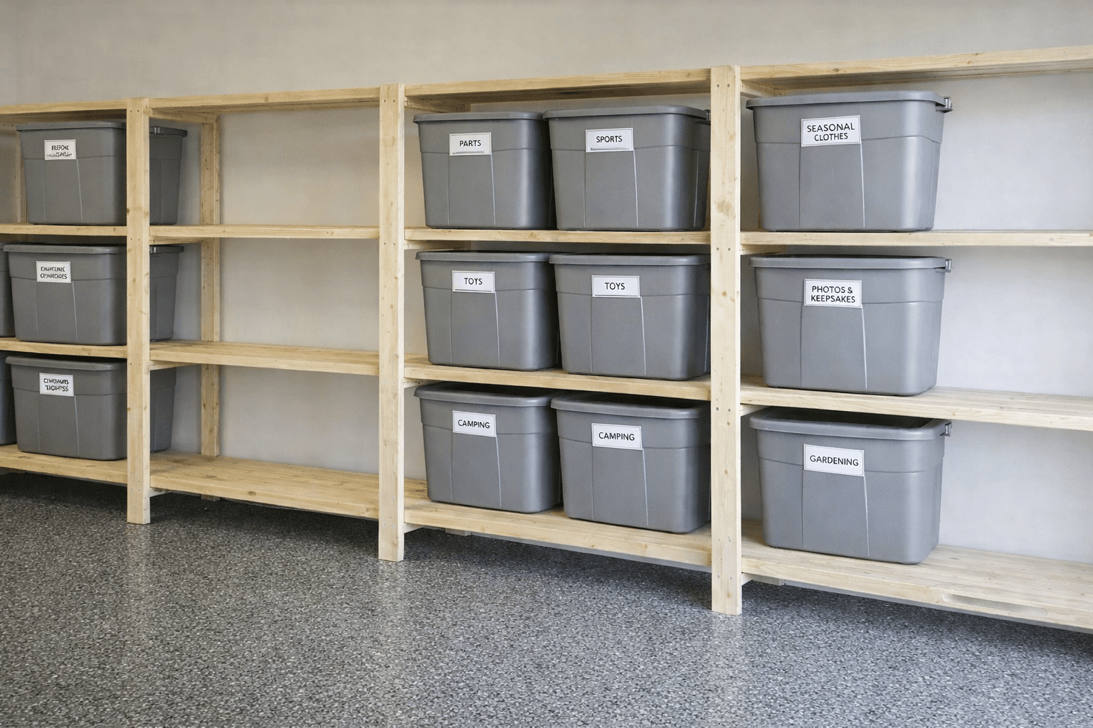 Long freestanding garage shelving unit built entirely from 2x4 lumber