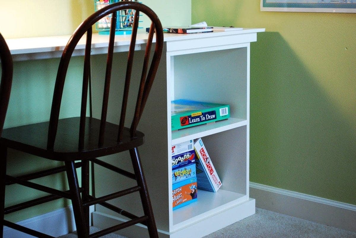 Narrow open-shelf office base cabinet in plywood