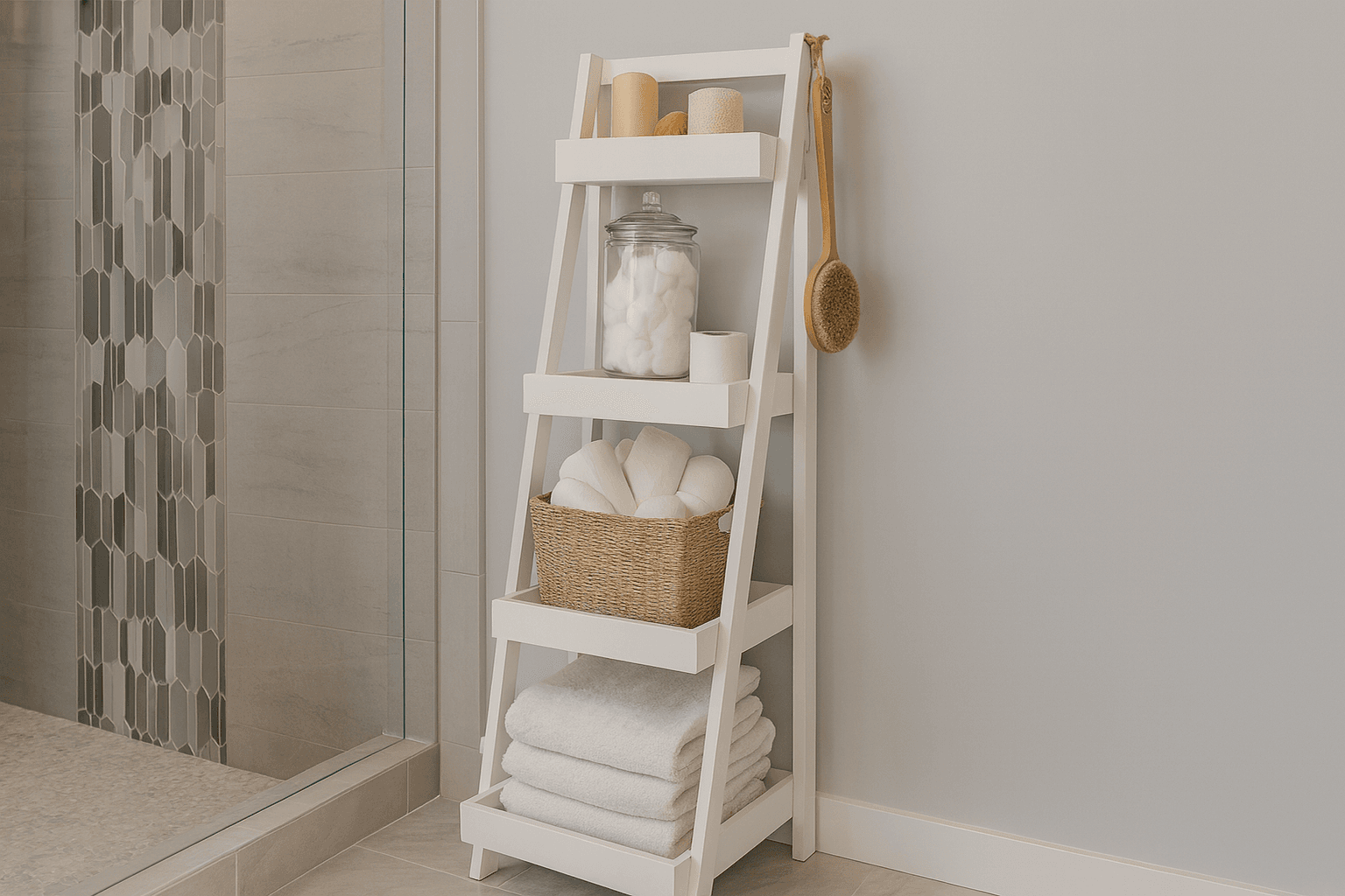 Narrow leaning ladder shelf with graduated shelves deep at the bottom