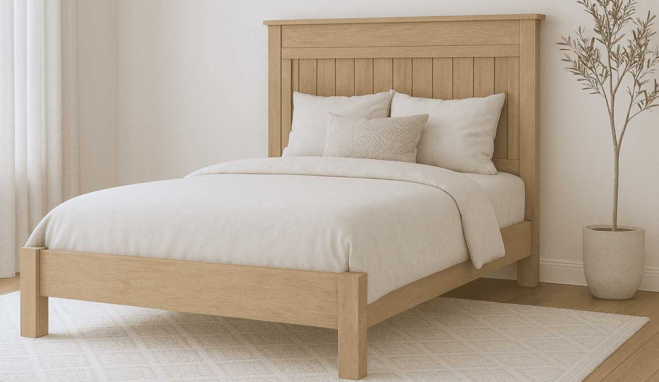Queen platform bed with a moulding-trimmed decorative panel headboard