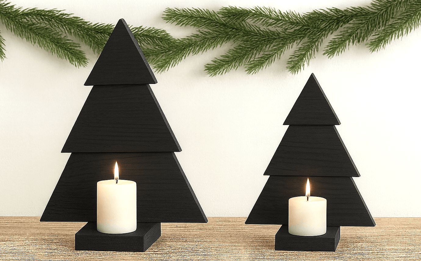 Small stacked-layer wood Christmas tree candle holders in two sizes