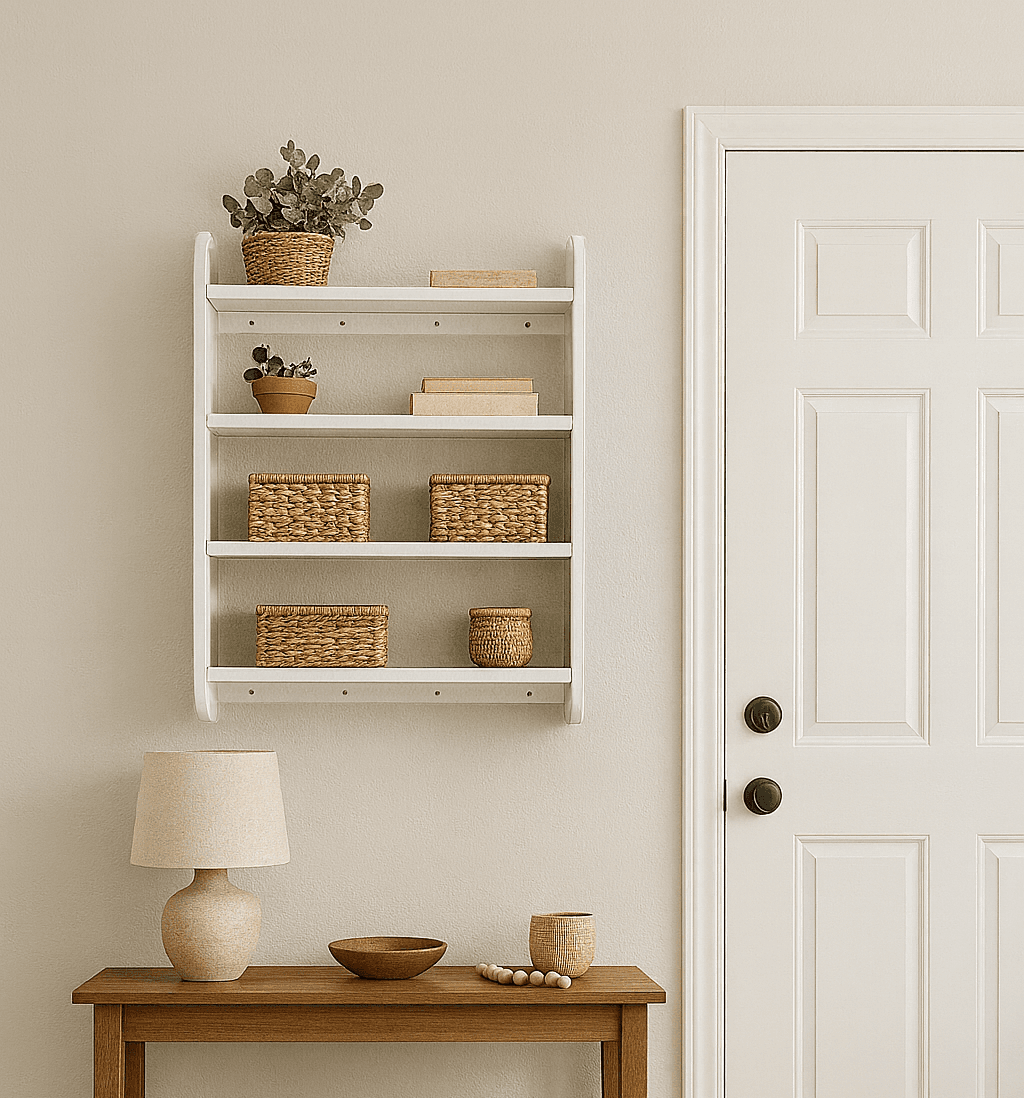 Narrow painted wall shelf with four shelves and curved ends