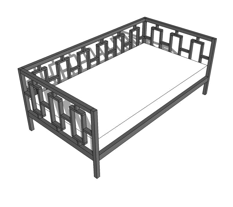 Twin daybed built from a grid of small wooden rectangle frames
