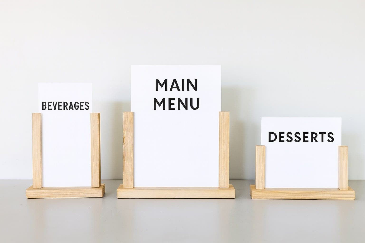 Wood table menu stand holding a printed menu card