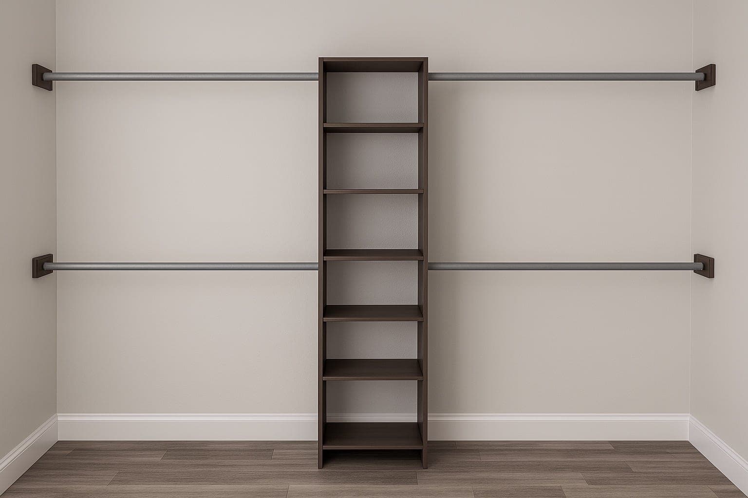 Full-height plywood closet organizer tower with shelves and side closet rods
