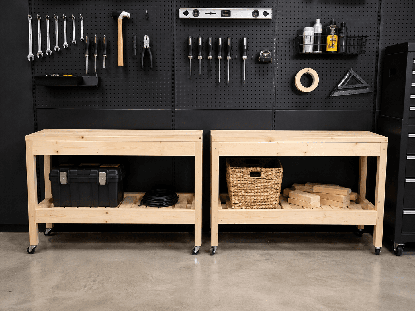 Compact 2x4 workbench with plywood top and slatted lower shelf