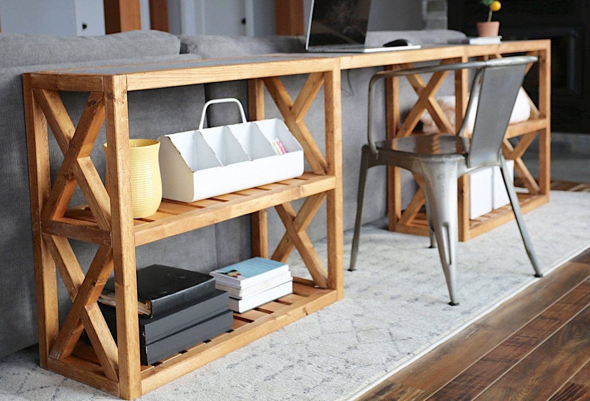 Modern rustic console table with X-braced ends and a slatted lower shelf