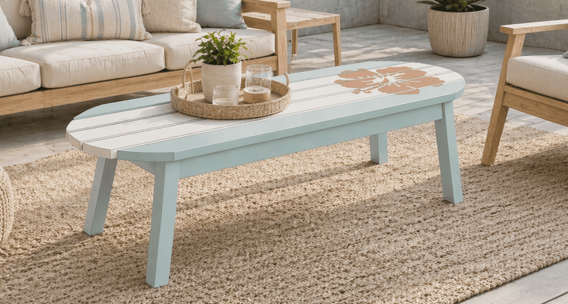Surfboard-shaped coffee table with a painted graphic