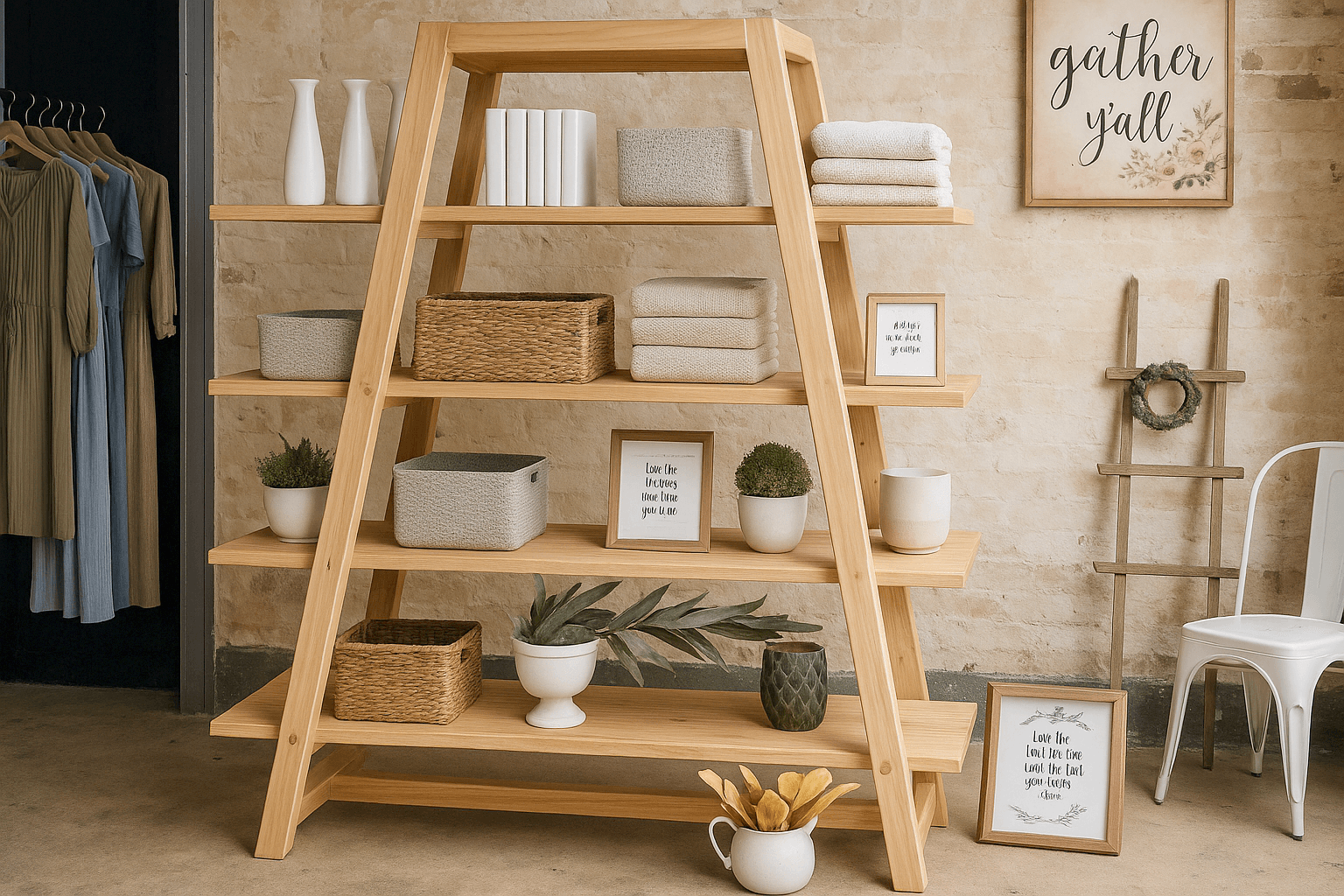Tapered freestanding ladder bookcase with five shelves