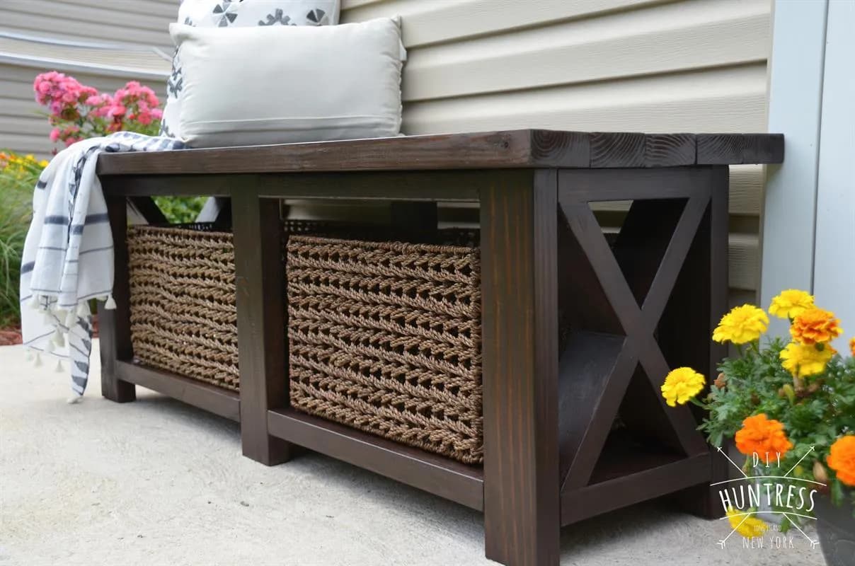 DIY Rustic X Bench With Shelf