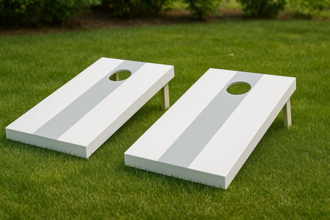 Pair of lightweight wooden cornhole boards with folding legs set up on a lawn